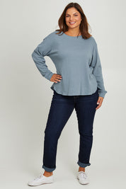 Model Monique wearing size 14 of the Waffle Weekend Crew in colour Ink (Blue), from the front, showing the whole outfit