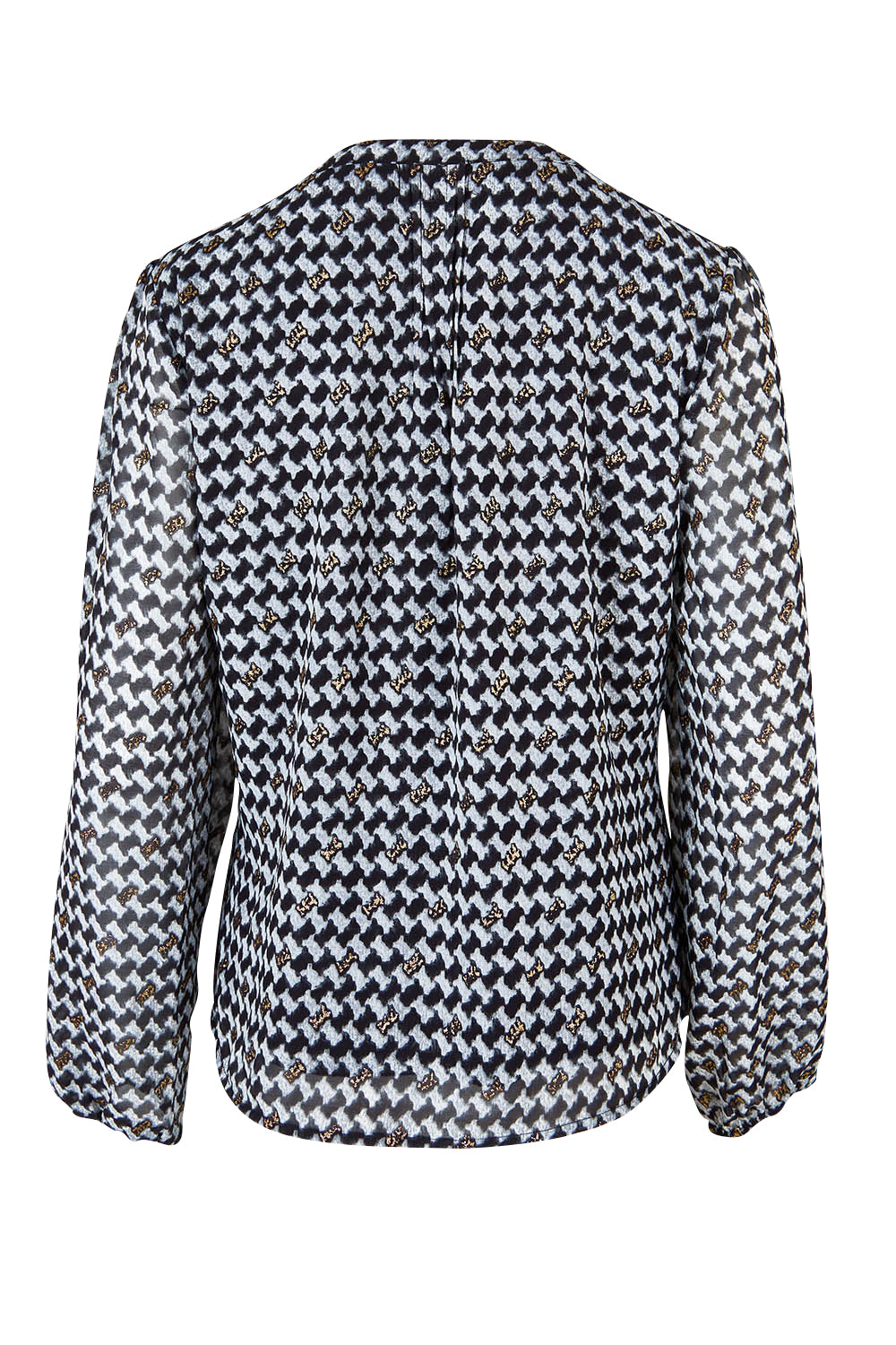 Product shot of the Chiffon Pintuck Top in colour Check (Black), from the back