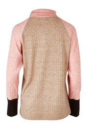 Product shot of the Spliced Cowl Rib Top in colour Coral, from the back