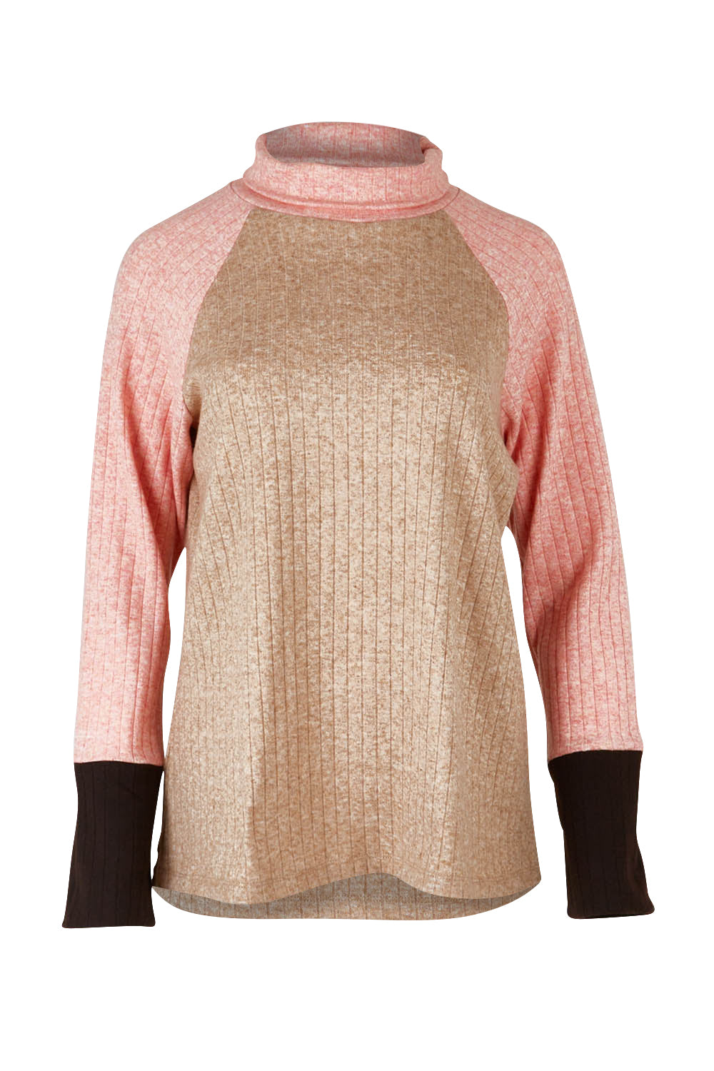 Product shot of the Spliced Cowl Rib Top in colour Coral, from the front