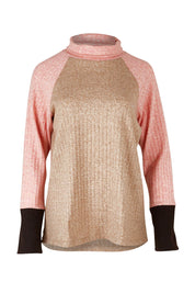 Product shot of the Spliced Cowl Rib Top in colour Coral, from the front
