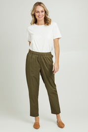 Model Grace wearing size 10 of the Cotton Cargo Pant in colour Khaki (Green), from the front, showing the whole outfit