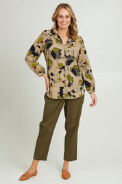 Model Grace wearing size 10 of the Cotton Cargo Pant in colour Khaki (Green), from the front, showing the whole outfit