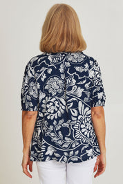 Model Sandy wearing size 10 of the Poet Shirt in colour Navywhite (Blue), from the back