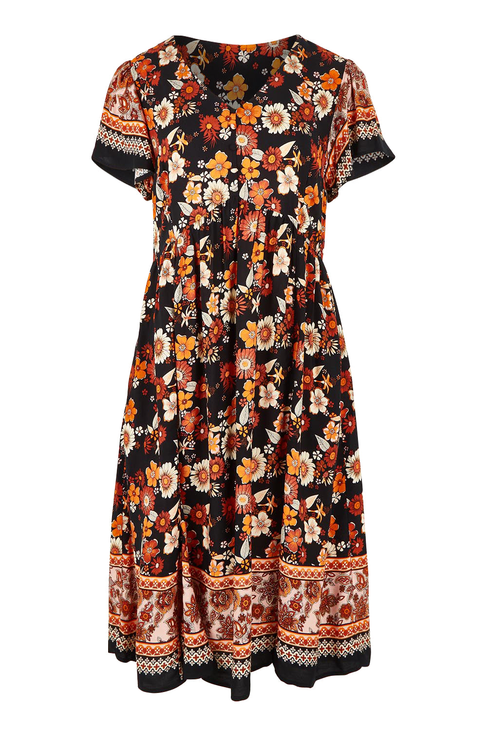 Product shot of The Flounce Dress in colour Black (Black), from the front