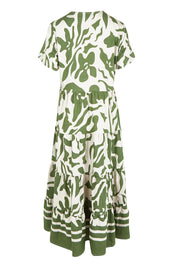 Product shot of the Border Tier  Dress in colour Green (Green), from the back