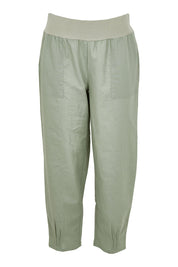 Product shot of the Cotton Linen Comfort Pant in colour Sage (Green), from the front