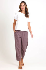 Model Madelinec wearing size 10 of the Cotton Linen Comfort Pant – Slate in colour Slate, from the front