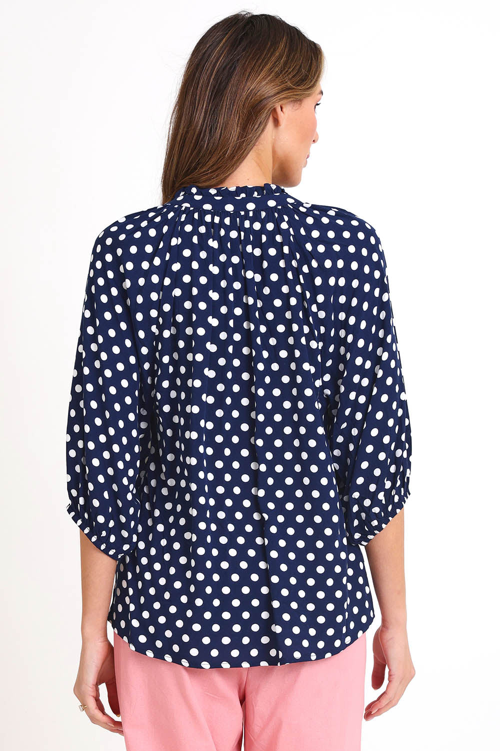 Model Madelinec wearing size 10 of the Relaxed Print Top – Navywhite in colour Navywhite, from the back