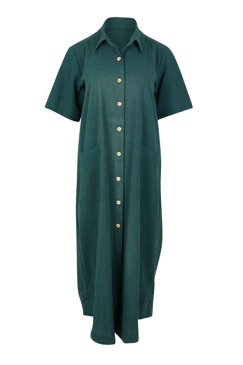 Product shot of the Top Stitch Cotton Shirt Dress in colour Forest (Green), from the front