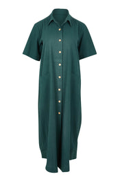 Product shot of the Top Stitch Cotton Shirt Dress in colour Forest (Green), from the front