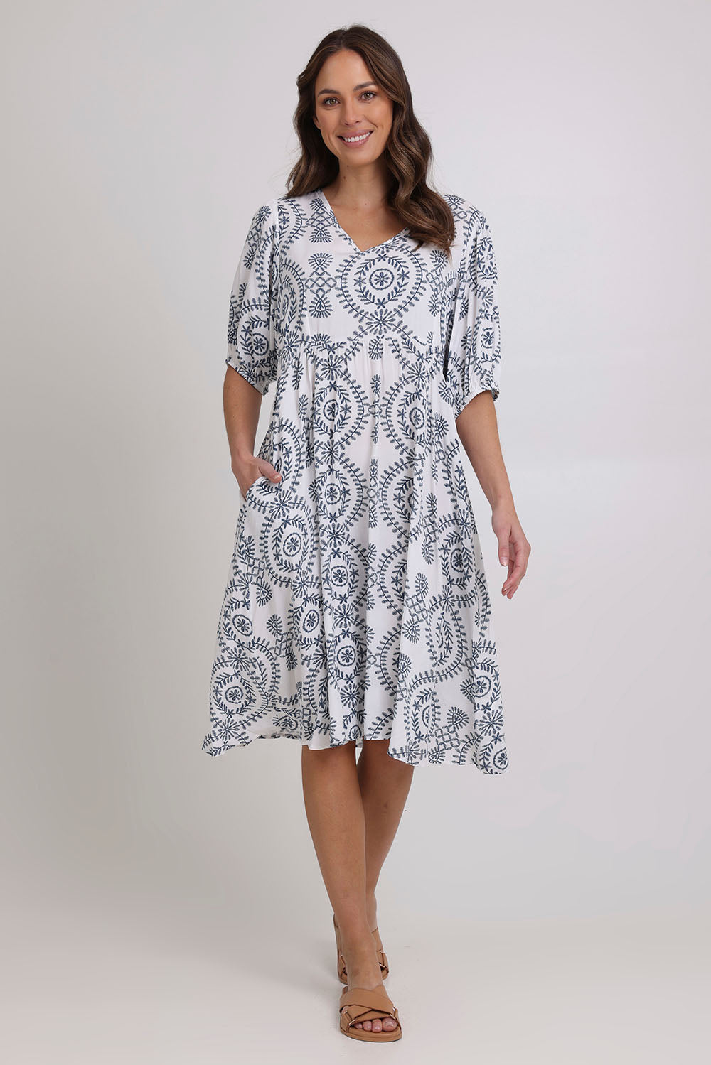 Model Madeline wearing size 10 of the Billow Pocket Print Dress in colour Whitenavy, from the front, showing the whole outfit
