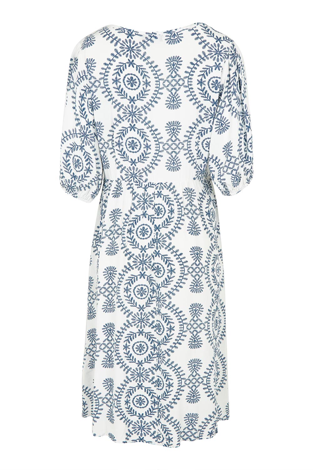 Product shot of the Billow Pocket Print Dress in colour Whitenavy, from the back