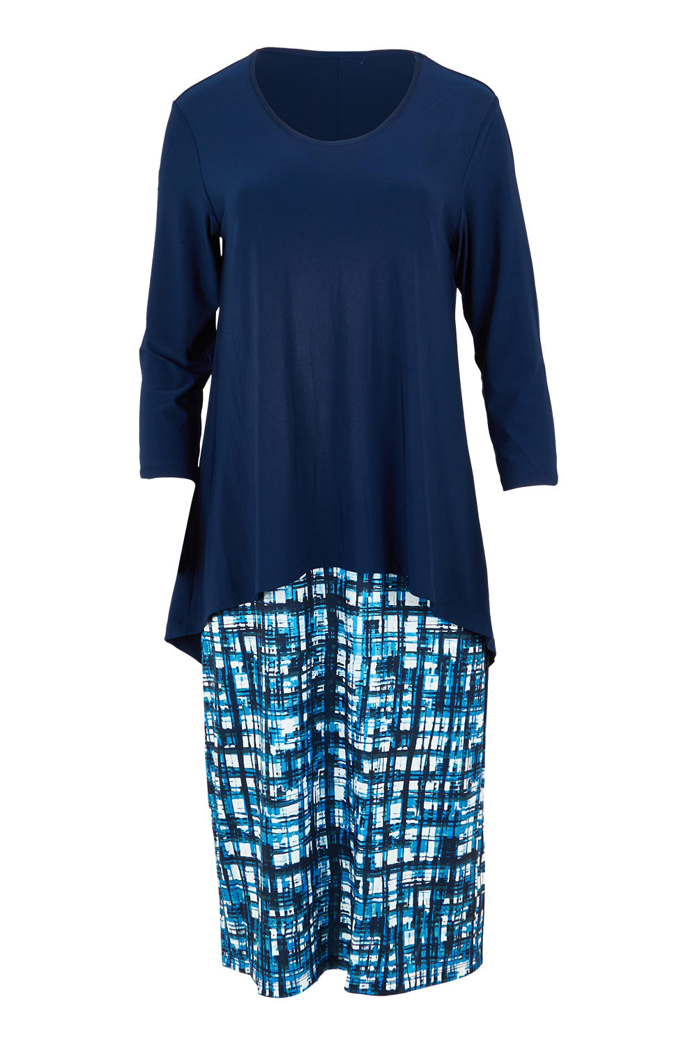 Product shot of the Forgiveness Dress in colour Navyprint (Blue), from the front