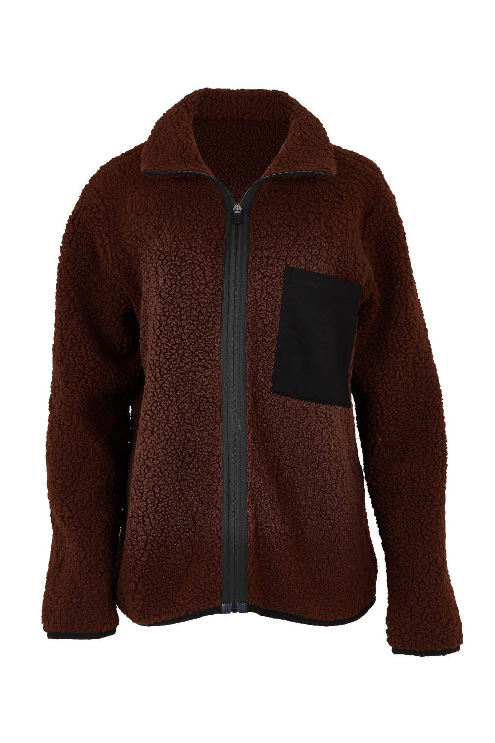 Product shot of the Teddy Zippy Jacket in colour Choc, from the front