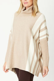 A model wearing the Stripe True Knit Pullover in colour Beigeivory, from the front, cropped image