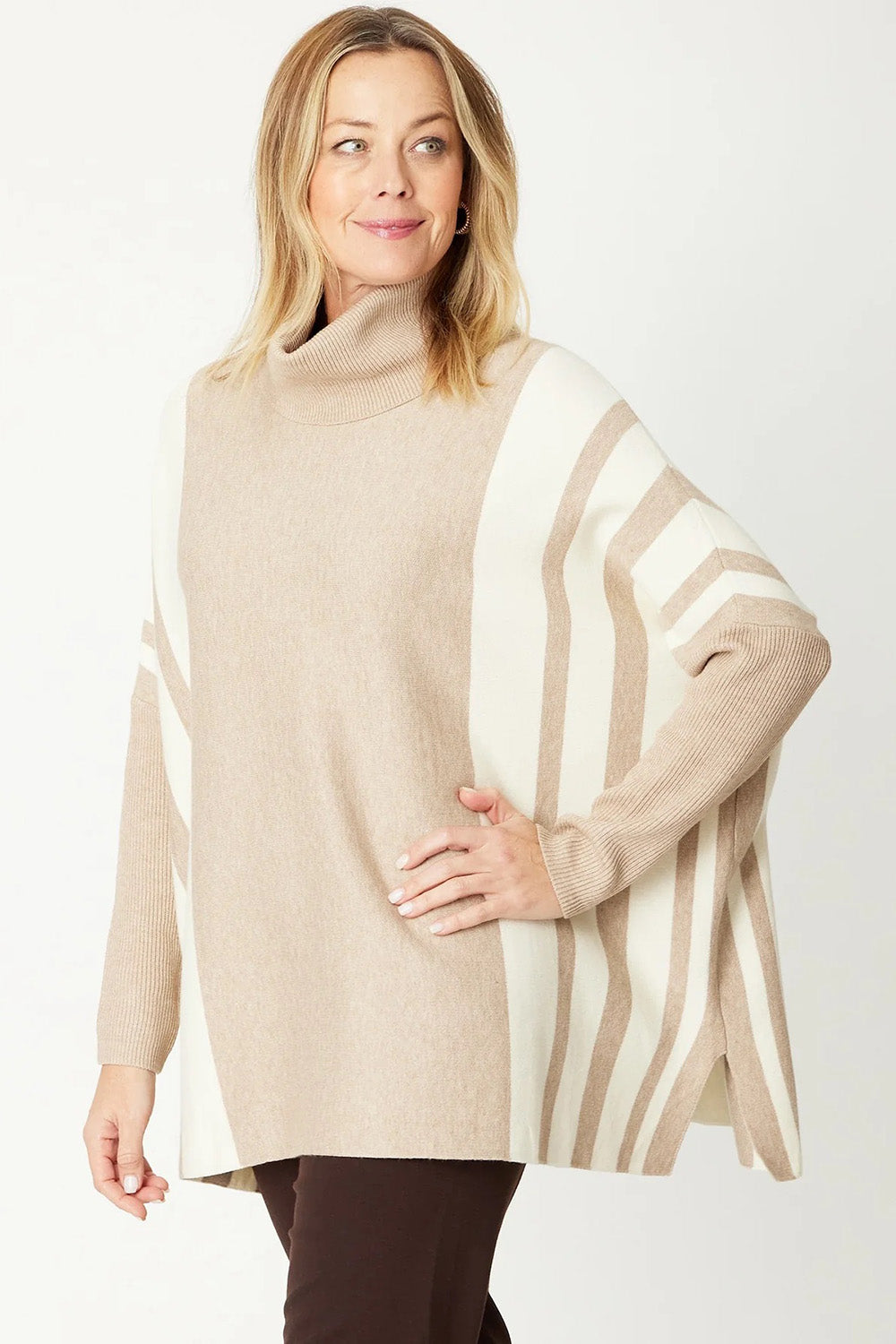 A model wearing the Stripe True Knit Pullover in colour Beigeivory, from the front, cropped image