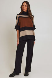 Model Madeline wearing size OneSize of the Stripe Polo Knit Pullover in colour Coffee, from the front, showing the whole outfit