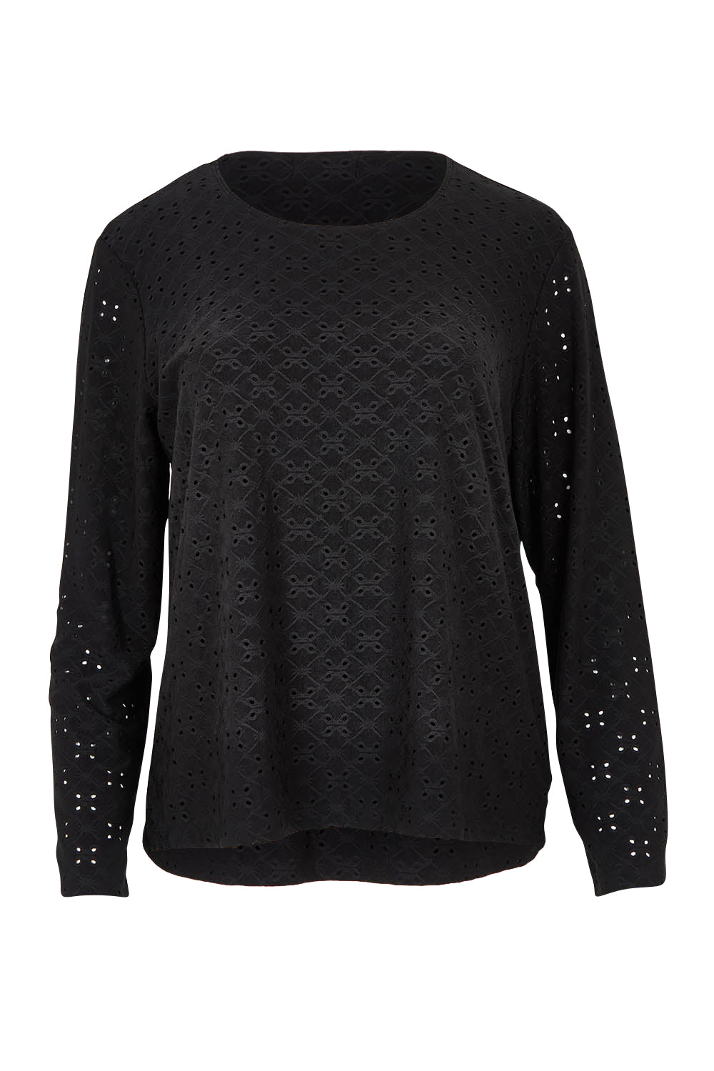 Product shot of the Lace Broderie Top in colour Black (Black), from the front