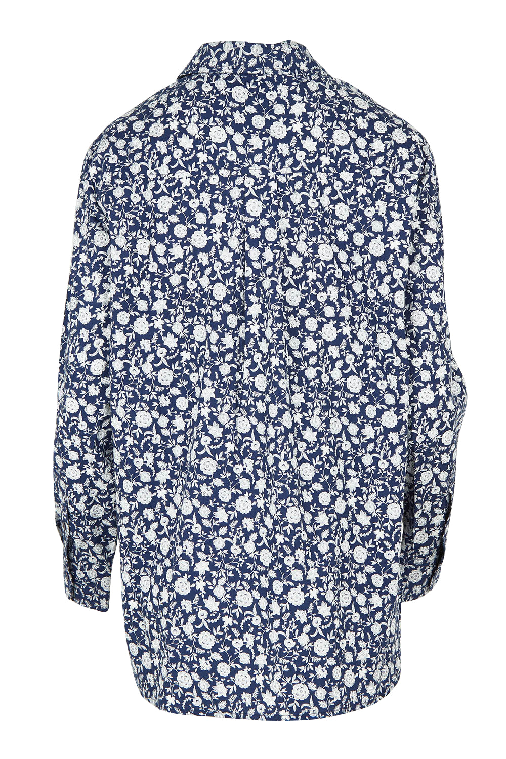Product shot of the Floral Scoop Cotton Shirt in colour Navywhite (Blue), from the back