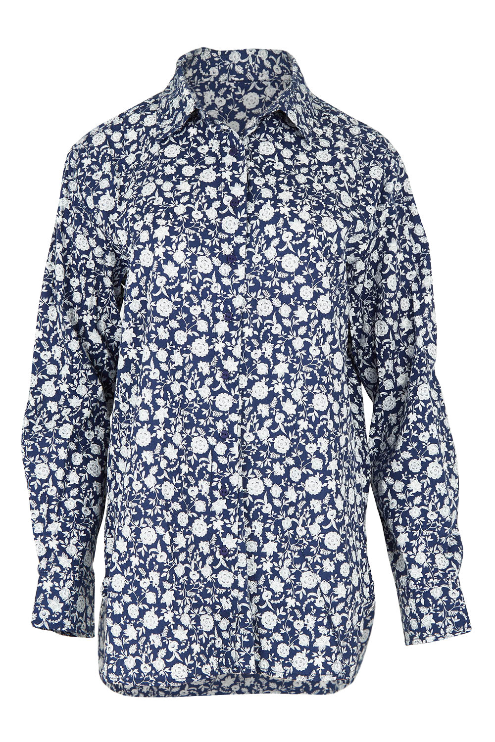 Product shot of the Floral Scoop Cotton Shirt in colour Navywhite (Blue), from the front