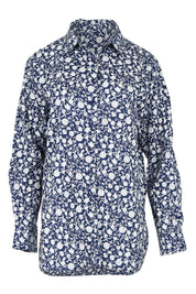 Product shot of the Floral Scoop Cotton Shirt in colour Navywhite (Blue), from the front