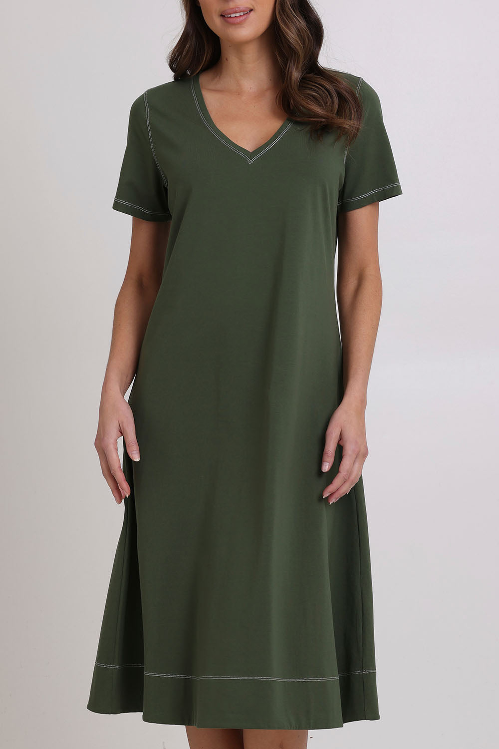 Model Lara wearing size 10 of the Short Sleeve Contrast Dress in colour Khaki (Green), from the front, cropped image