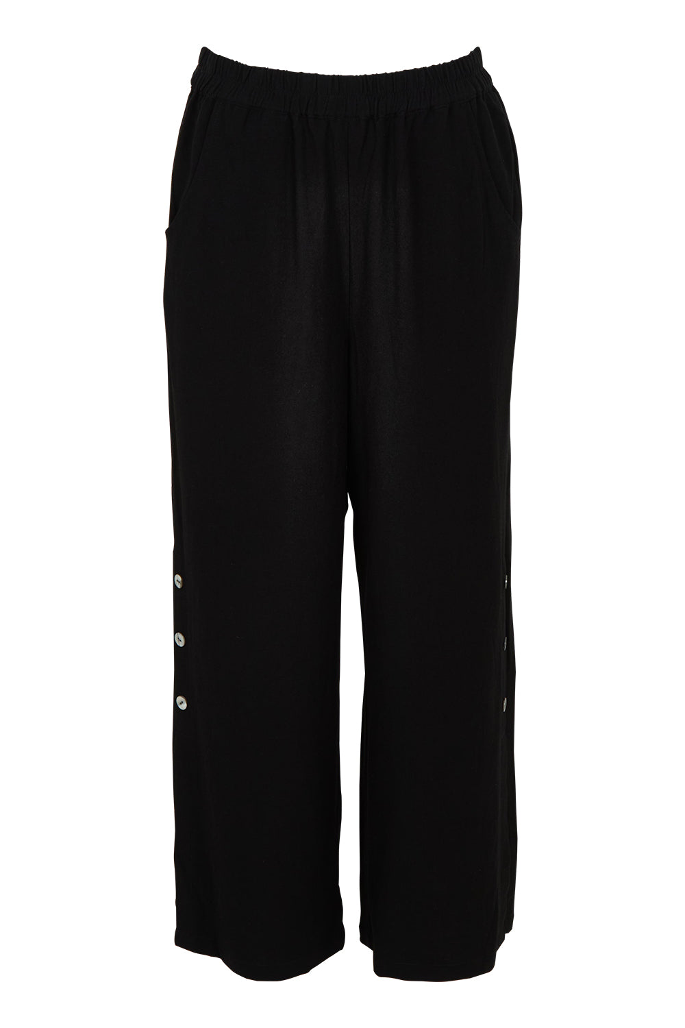 Product shot of the Linen Shores Pant in colour Black (Black), from the front