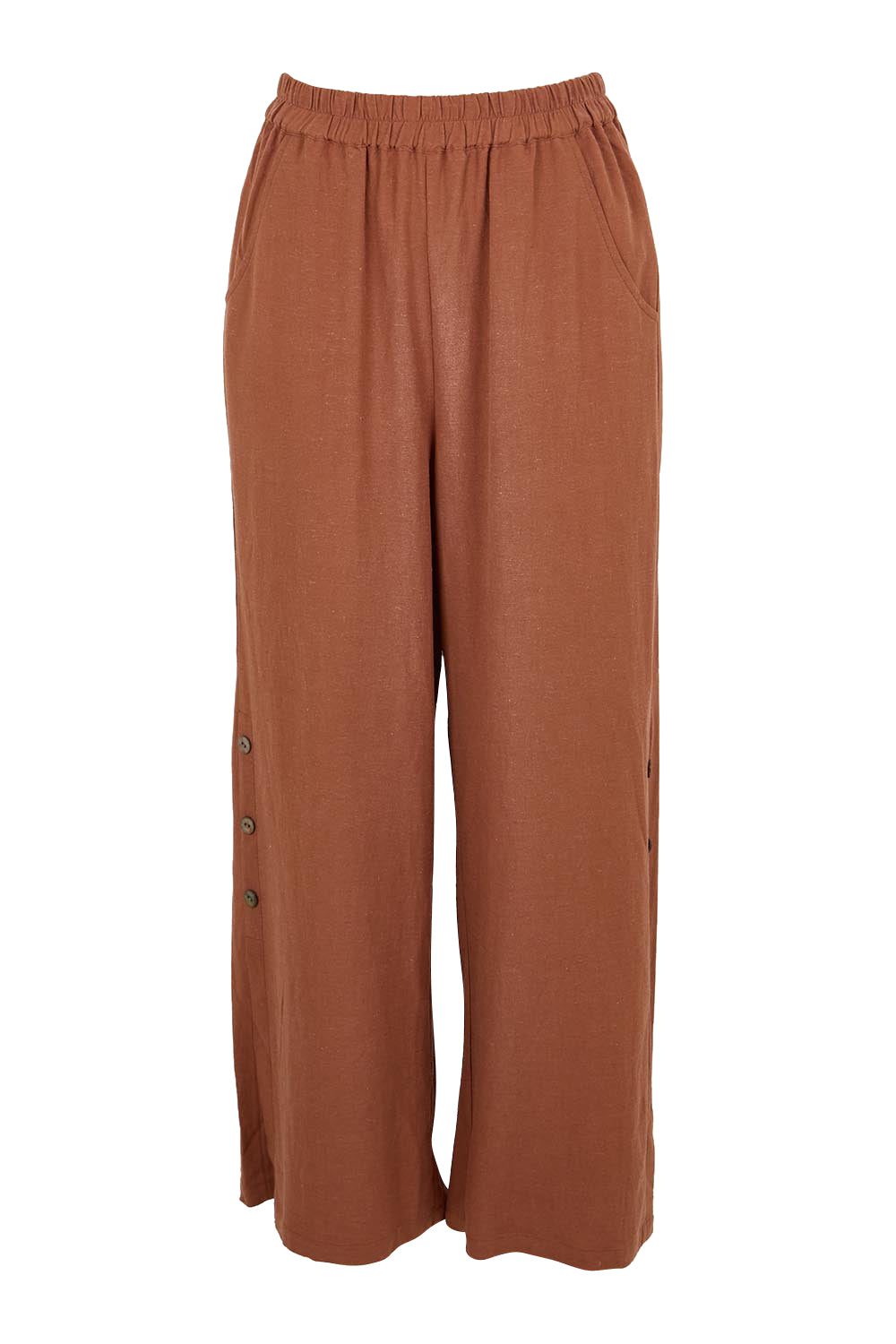 Product shot of the Linen Shores Pant – Toffee in colour Toffee, from the front