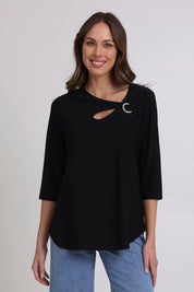 Model Madeline wearing size 10 of the Ring Top in colour Black (Black), from the front, cropped image
