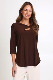 Model Madelinec wearing size 10 of the Ring Top – Choc in colour Choc, in a cropped view
