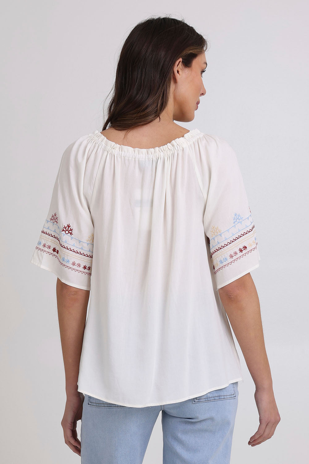 Model Madeline wearing size 10 of the Oakley Embroidered Top in colour Ivory (White), from the back