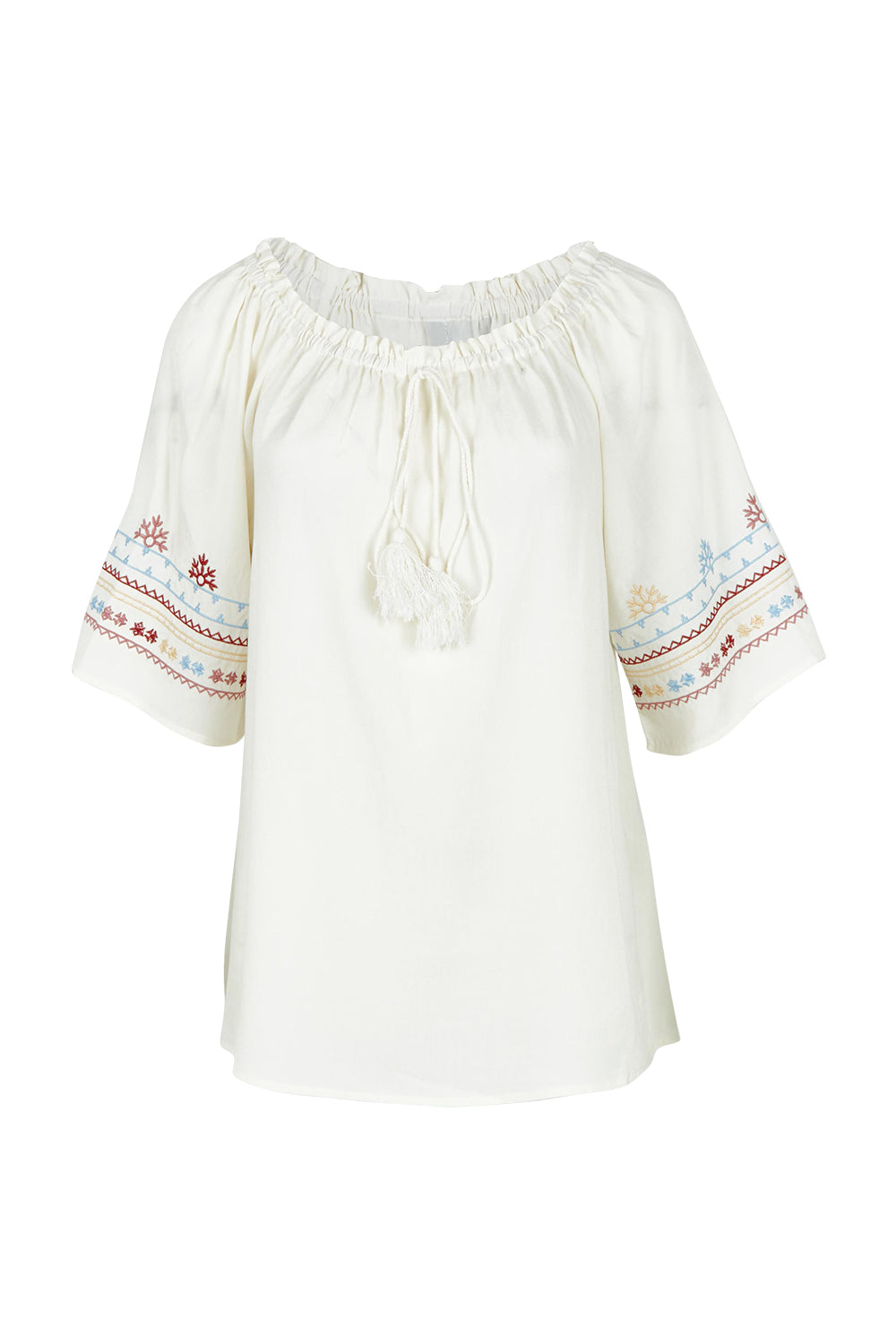 Product shot of the Oakley Embroidered Top in colour Ivory (White), from the front