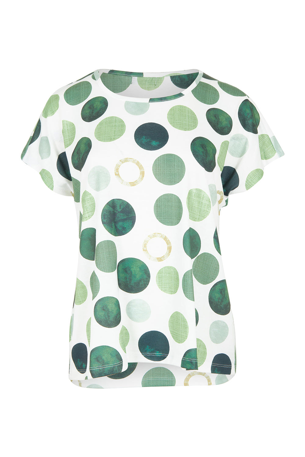Product shot of the Spotty Dotty Cap Sleeve Top in colour Whitegrn (Green), from the front