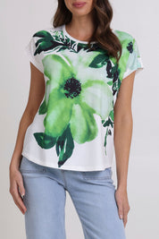 Model Madeline wearing size 10 of the Green Goddess Scoop Tee in colour Green (Green), from the front, cropped image