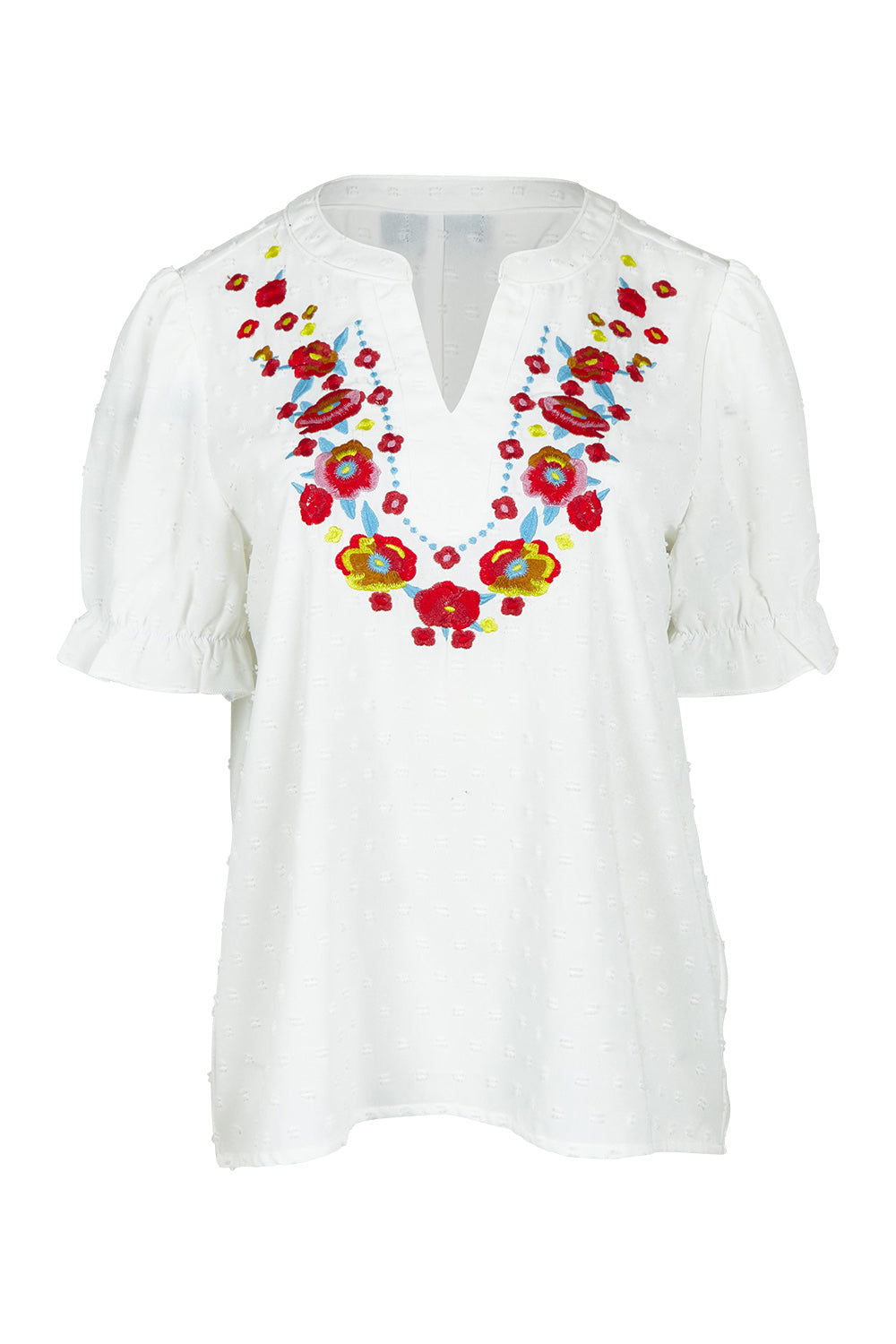 Product shot of the Embroidered Dobi Top in colour White (White), from the front