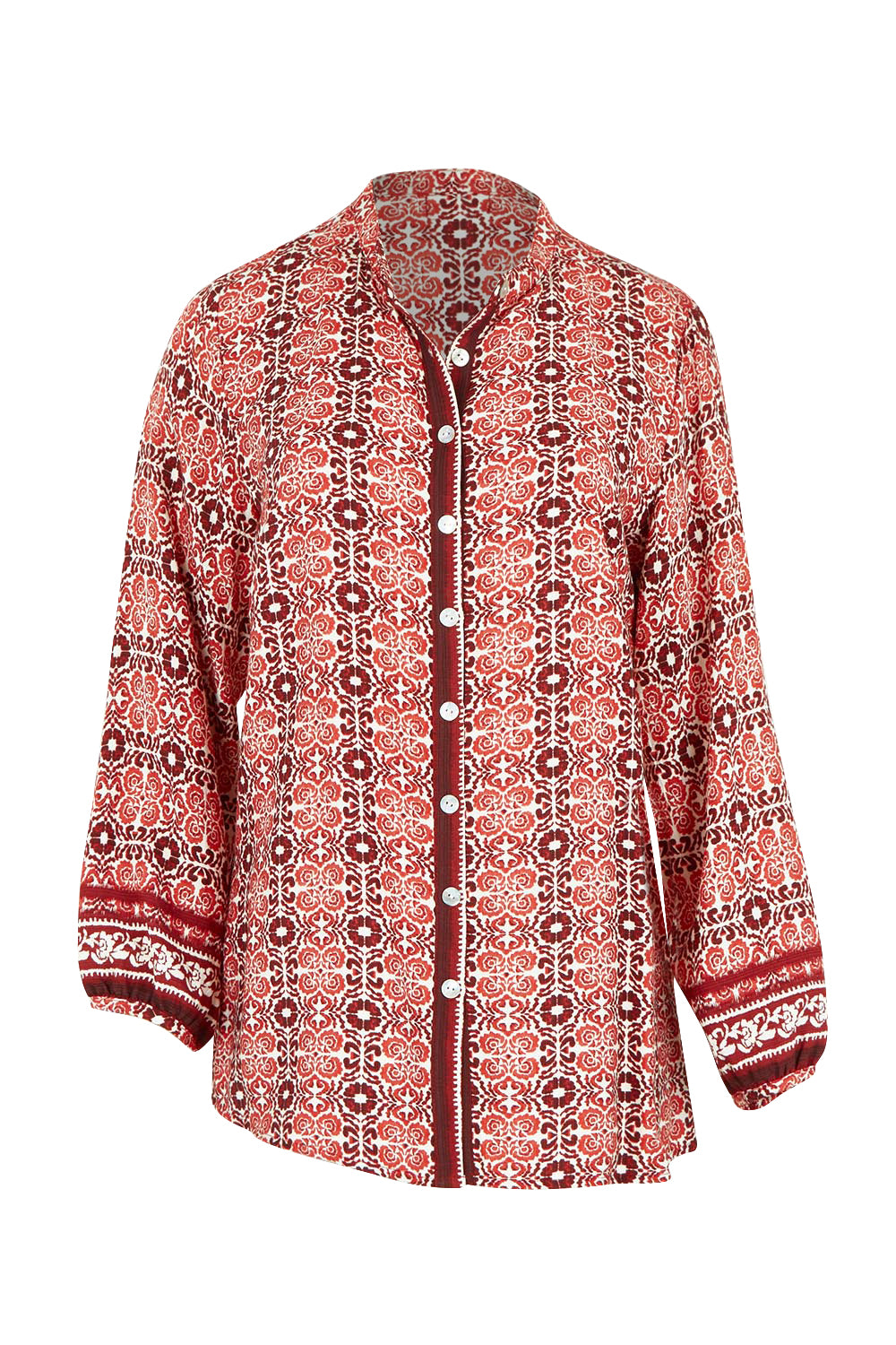 Product shot of the Vera Button Shirt in colour Russet (Red), from the front
