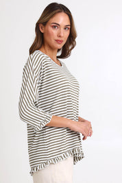 Model Madelinec wearing size 10 of the Stripe Ruffle Top – Bark in colour Bark, from an angle