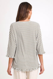 Model Madelinec wearing size 10 of the Stripe Ruffle Top – Bark in colour Bark, from the back