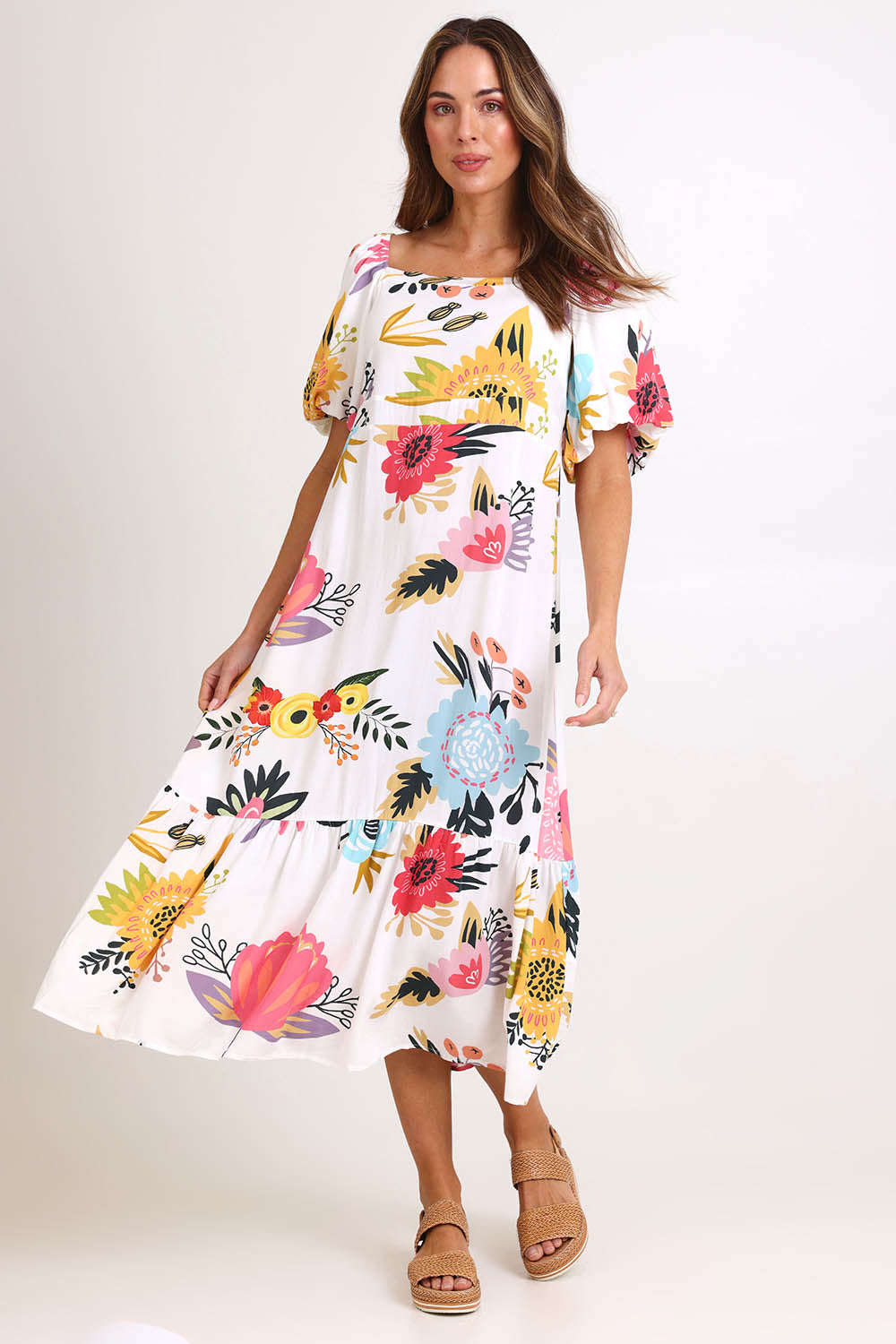 Model Madelinec wearing size 10 of the Floral Fun Dress – Print in colour Print, from the front