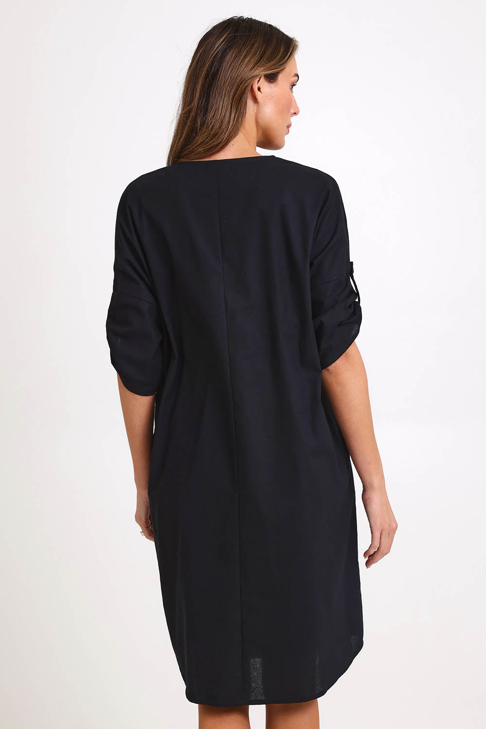 Model Madelinec wearing size 10 of the Invert Cotton Linen Blend Dress – Black in colour Black, from the back