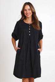 Model Madelinec wearing size 10 of the Invert Cotton Linen Blend Dress – Black in colour Black, in a cropped view