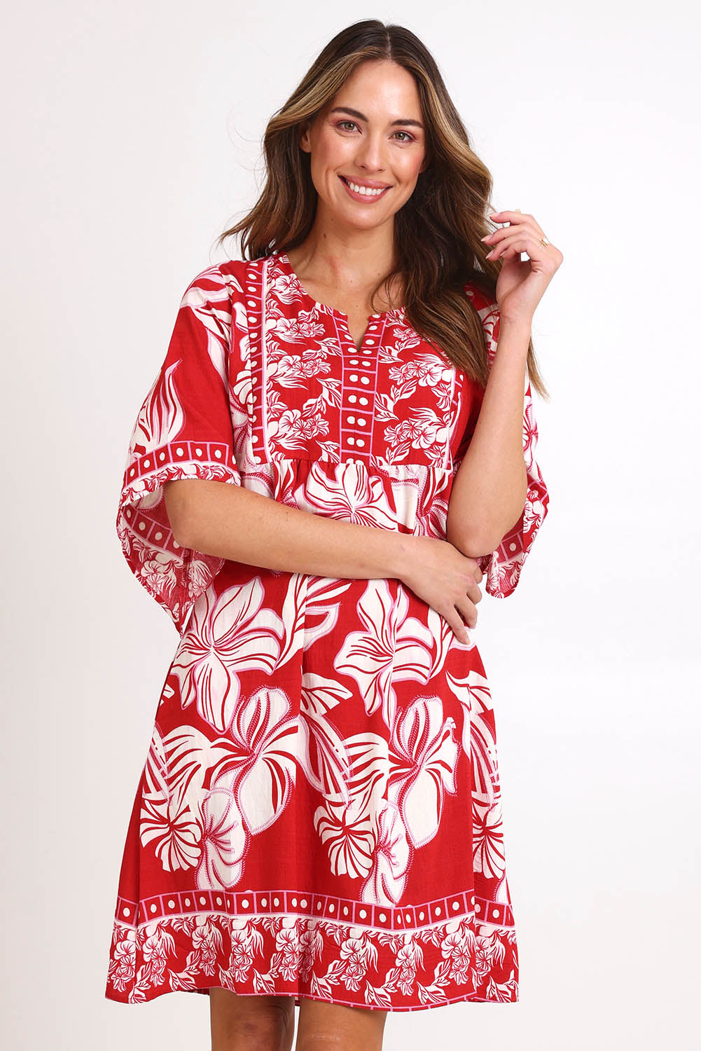 Model Madelinec wearing size 10 of the Sun Dress – Red in colour Red, in a cropped view