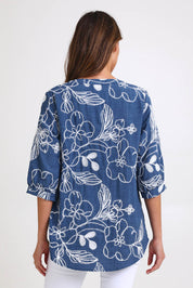 Model Madelinec wearing size 10 of the Embroidered Button Top – Blue in colour Blue, from the back