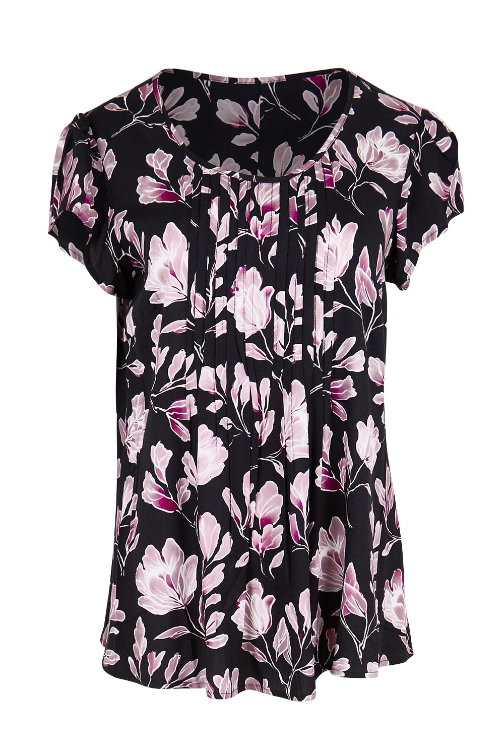 Product shot of the Kirra Pintuck Top – Blkfloral in colour Blkfloral, from the front