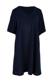 Product shot of the Core Linen V Shift Dress – Navy in colour Navy, from the front