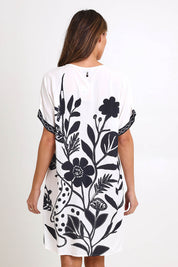 Model Madelinec wearing size 10 of the Kimono Shift Dress – Blkprint in colour Blkprint, from the back