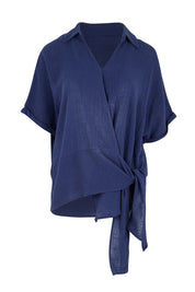 Product shot of the Core Wrap Over Top – Navy in colour Navy, from the front