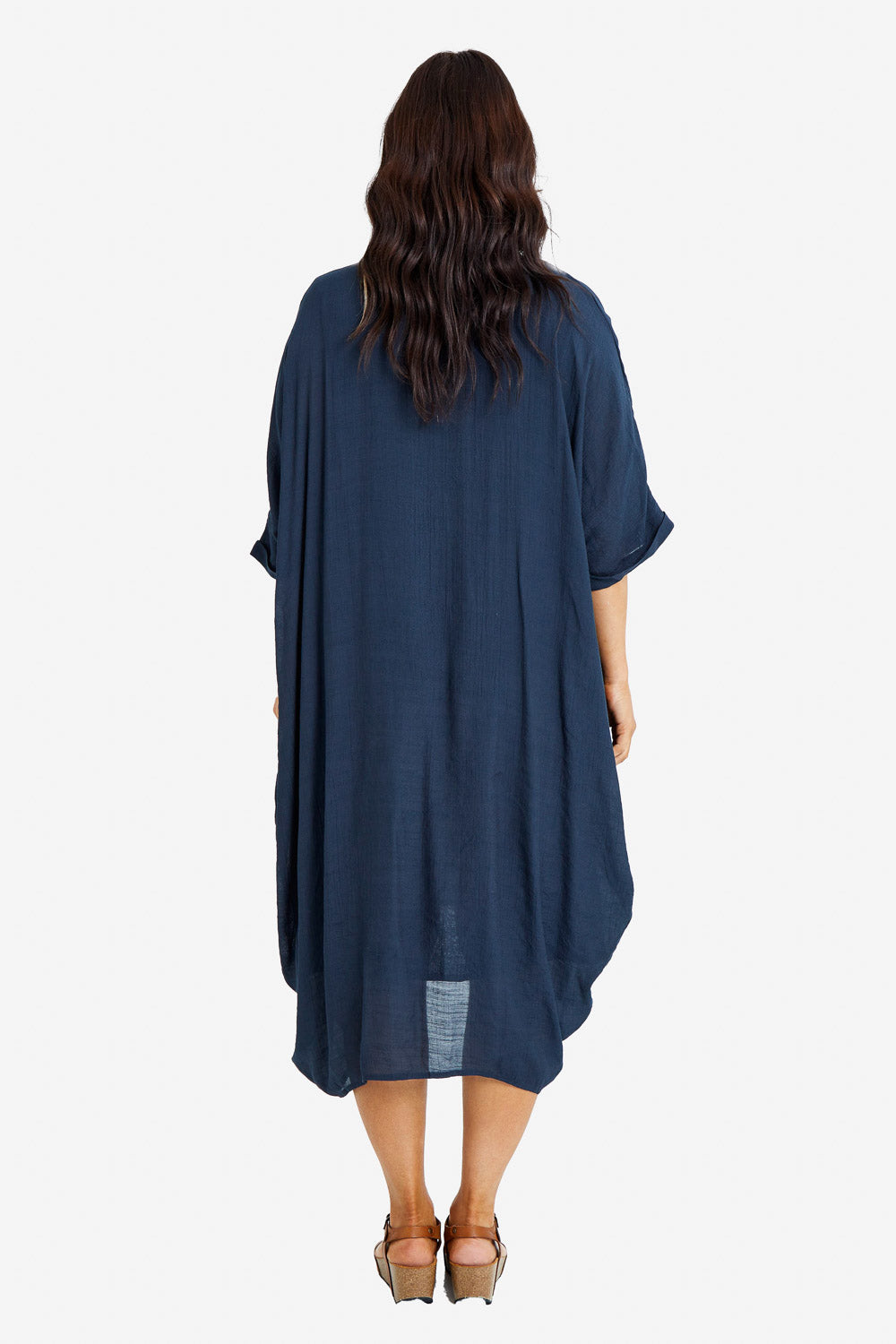 Model Laura wearing size M-L of the Periwinkle Dress Shirt Set in colour Slate (Black), from the back