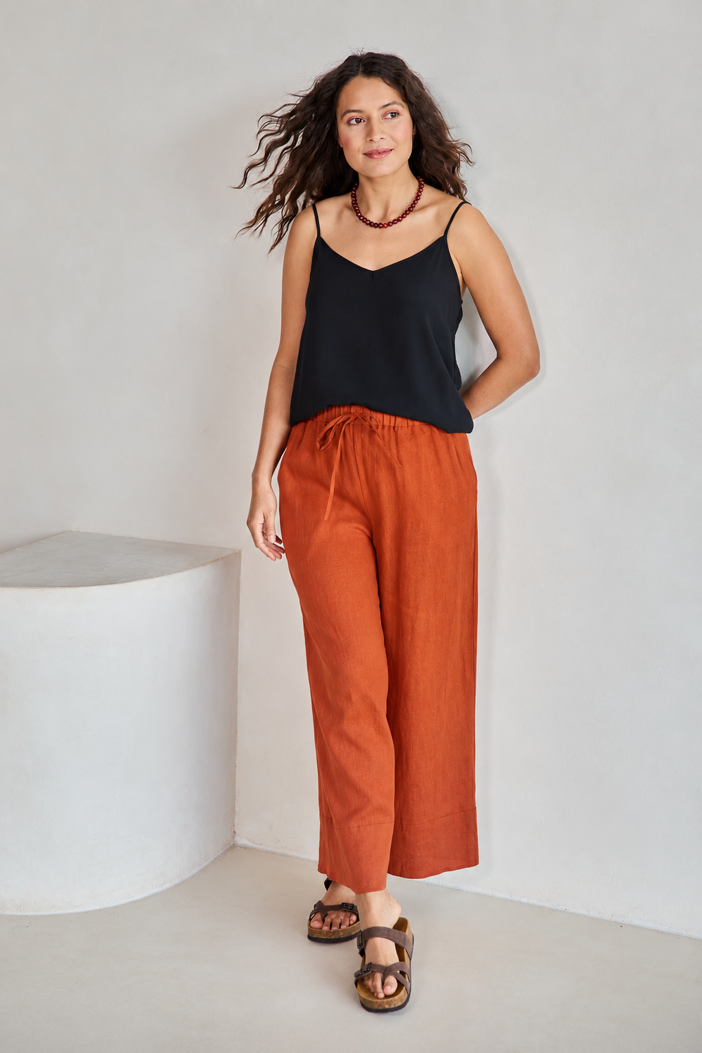 Linen Cropped Drawstring Pant – Rust